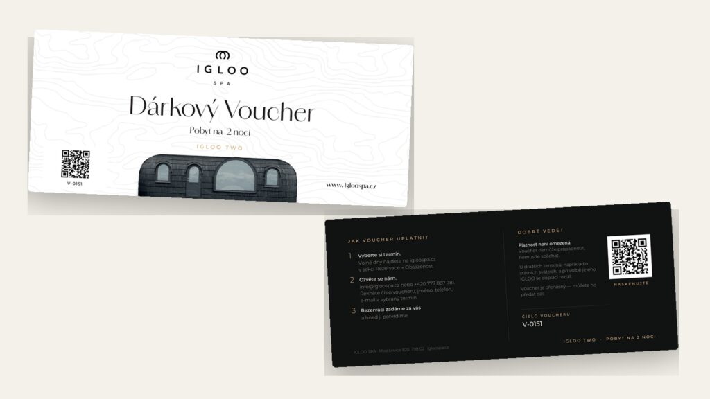 Dárkový voucher IGLOO SPA — přední strana s QR kódem a zadní strana s návodem, jak voucher uplatnit